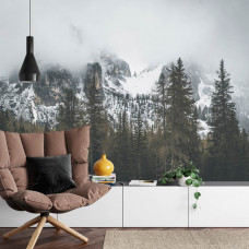 Ein Fototapete mit einer panoramischen Landschaft von schneebedeckten Bergen und einem Wald, geeignet für ein Wohnzimmer.