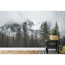 Ein Fototapete mit einer malerischen Aussicht auf schneebedeckte Berge und einen umliegenden Wald, ideal für eine Küche.