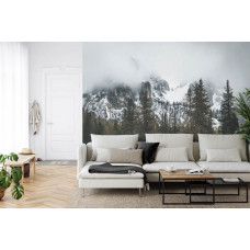 Ein Fototapete mit einer stimmungsvollen Naturumgebung mit schneebedeckten Bergen, ideal für ein Wohnzimmer.