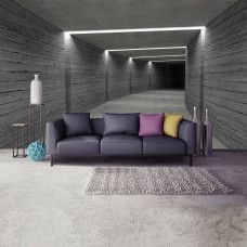 Fototapete im Wohnzimmer mit realistischer 3D-Darstellung eines Betontunnels für eine moderne und räumliche Wirkung.