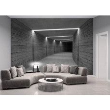 Fototapete im Wohnzimmer mit einem futuristischen Tunnel aus Beton in 3D, der Tiefe und Dynamik schafft.