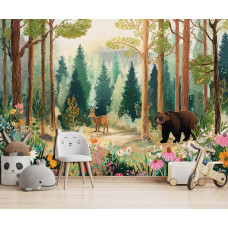 Fotobehang betoverend woud met beer en hert in een kinderkamer met kleurrijke bosillustratie.