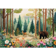 Fotobehang met een illustratief bos waarin een beer en een hert te zien zijn, omringd door bloemen.