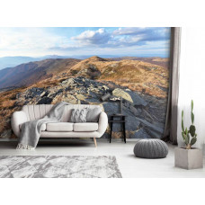Eine Fototapete mit der Berglandschaft des Bieszczady-Gebirges, ideal für ein Wohnzimmer.