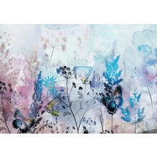 Fotobehang met bladeren, bloemen en vlinders in blauw en roze