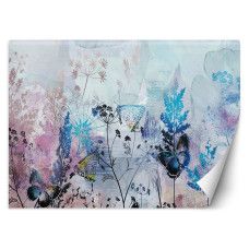 Fotobehang met bladeren, bloemen en vlinders in blauw en roze