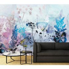 Fotobehang met bladeren, bloemen en vlinders in blauw en roze