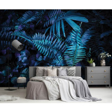Eine Fototapete mit grünen Blättern in einem botanischen Dschungel für das Schlafzimmer.