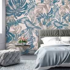 Fototapete im Malstil mit blauen und grünen Blättern für das Schlafzimmer.