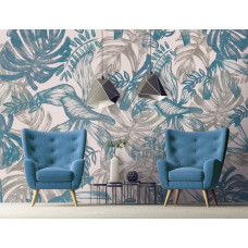 Fototapete im Malstil mit blauen und grünen Blättern für das Wohnzimmer.