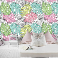 Eine Fototapete mit Blättern in Pastellfarben für das Schlafzimmer.