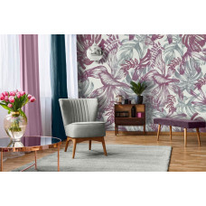 Eine Fototapete mit rosa und grünen Blättern im Malstil für das Wohnzimmer.