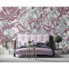 Eine Fototapete mit rosa und grünen Blättern im Malstil für das Schlafzimmer.