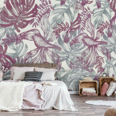 Eine Fototapete mit rosa und grünen Blättern im Malstil für das Wohn- und Schlafzimmer.