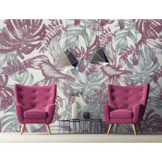 Eine Fototapete mit rosa und grünen Blättern im Malstil für das Wohnzimmer.