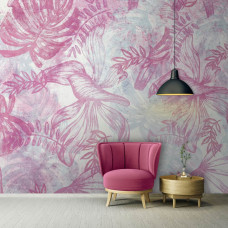 Eine Fototapete im Malerei-Stil mit rosa und weißen Blättern, zu sehen im Wohnzimmer.
