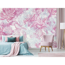 Fototapete im Malerei-Stil mit rosa und weißen Blättern, geeignet für das Schlafzimmer.