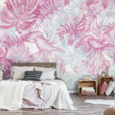 Eine Fototapete im Malerei-Stil mit rosa und weißen Blättern, zu sehen im Wohnzimmer.