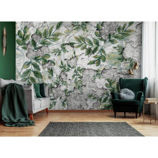 Eine Fototapete mit Blättern an einer Betonwand und Pflanzen im Wohnzimmer.
