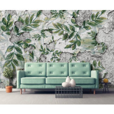 Eine Fototapete mit Blättern an einer Betonwand und Pflanzen im Wohnzimmer.