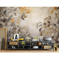 Eine Fototapete mit Blättern auf einer Betonwand mit Malerei im Büro.