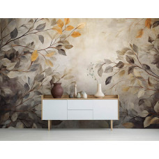 Eine Fototapete mit Blättern auf einer Betonwand mit Malerei im Schlafzimmer.