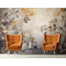 Eine Fototapete mit Blättern auf einer Betonwand mit Malerei.