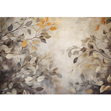 Blätter auf einer Betonwand, die auf einer malerischen Fototapete mit Naturdetails dargestellt sind.