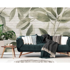 Eine Fototapete mit Blättern auf Holzbrettern, perfekt für ein Büro.