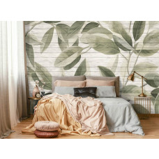 Eine Fototapete mit Blättern auf Holzbrettern, ideal für ein Schlafzimmer.