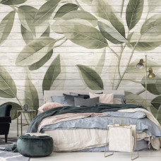 Eine Fototapete mit Blättern auf Holzbrettern in einer Vliestapete, geeignet für ein Schlafzimmer.