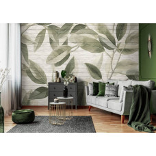 Eine Fototapete mit Blättern auf Holzbrettern, geeignet für ein Wohnzimmer.