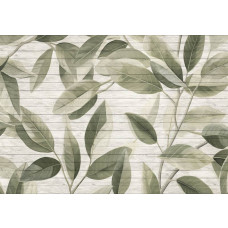 Fototapete mit Blättern auf Holzbrettern, mit einem natürlichen und rustikalen Look.