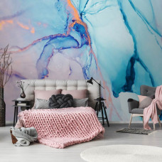 Fototapete mit abstraktem blauem Marmor im Kunststil im Schlafzimmer.