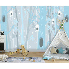 Eine Kindertapete mit blauen Bäumen im Wald für das Babyzimmer und das Kinderzimmer.