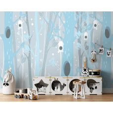 Eine Kindertapete mit blauen Bäumen im Wald für das Babyzimmer und das Spielzimmer.