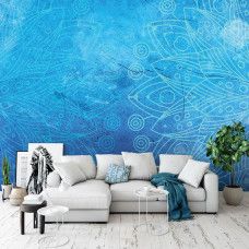 Eine abstrakte Kunst-Fototapete mit blauem Mandala für das Wohnzimmer.