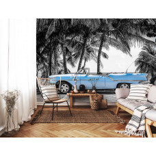 Fototapete eines alten blauen Autos mit Palmen und dem Meer in Kuba, ideal für das Wohnzimmer.
