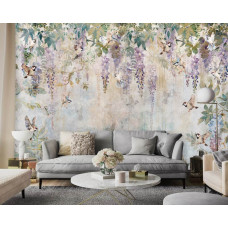 Eine Fototapete mit Glyzinien und Vögeln in einem künstlerischen romantischen Design, ideal für ein Wohnzimmer.