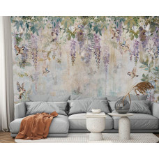 Eine Fototapete mit Glyzinien und Vögeln in einem künstlerischen Stil, geeignet für ein Wohnzimmer.