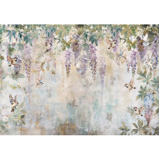 Fototapete von Glyzinien und Vögeln, mit einem künstlerischen floralen Design.