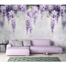 Eine Fototapete von Glyzinien auf Beton mit Blumen und Efeu im Wohnzimmer.