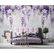 Eine Fototapete von Glyzinien auf Beton mit Blumen und Efeu im Schlafzimmer.