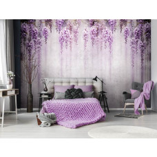 Eine Fototapete mit Glyzinien auf einer Betonwand mit Blumen und Efeu im Wohnzimmer und Schlafzimmer.