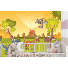 Eine Fototapete mit bunten Dinosauriern in der Nähe eines Vulkans, gezeigt in einem Kinderzimmer.