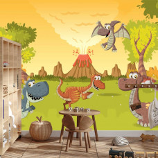 Eine Fototapete mit Dinosauriern in einer lebendigen vulkanischen Umgebung, gezeigt in einem Jungenzimmer.
