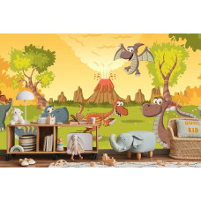 Eine Fototapete mit fröhlichen Dinosauriern vor einem Vulkan, gezeigt in einem Kinderzimmer.