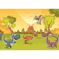 Fröhliche Dinosaurier stehen vor einem Vulkan, während die prähistorische Umgebung in dieser Fototapete zum Leben erwacht.
