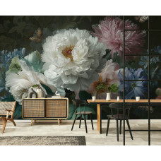 Fotobehang bloemen artistiek en klassiek in een woonkamer, waar het bloemstuk een luxueuze blikvanger vormt.