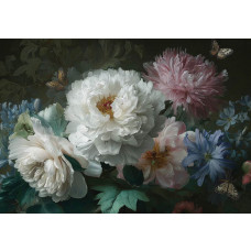 Fotobehang bloemen artistiek en klassiek met pioenen, chrysanten en vlinders tegen een donkere achtergrond.